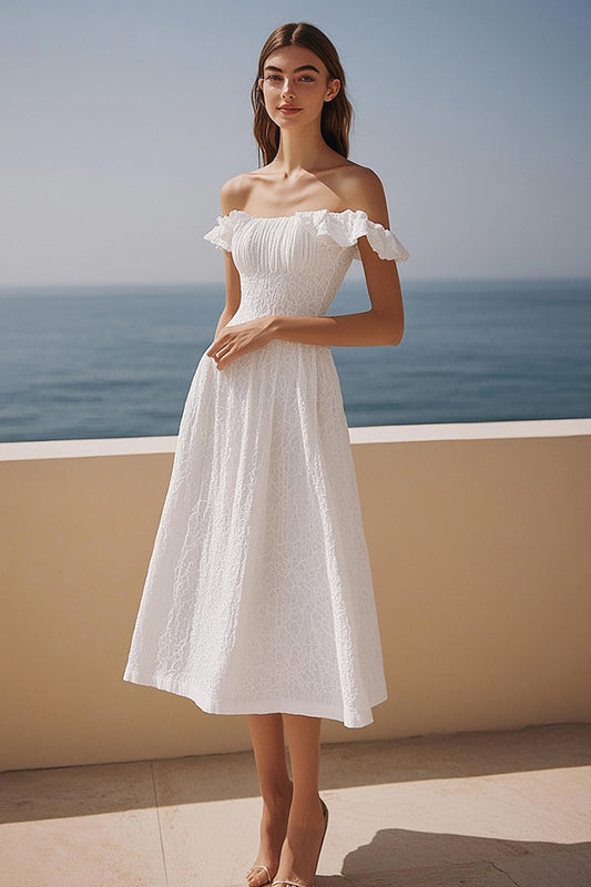 Ivory Off the Shoulder Lace Maxi Wedding Reception Dress with Ruffles