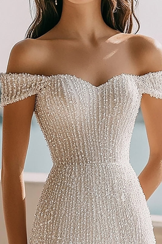 Sparkly Ivory Bodycon Sequin Off the Shoulder Short Bridal Shower Dress