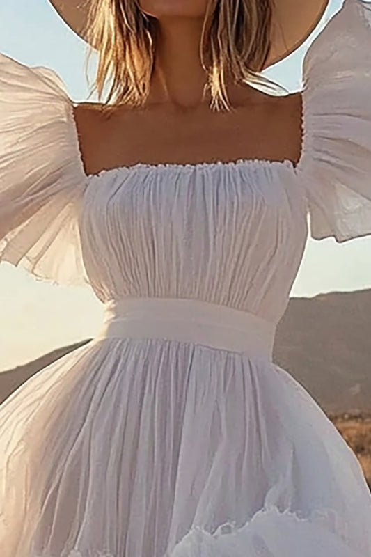 Ivory Square Neck Midi Boho Western Wedding Dress with Ruffles