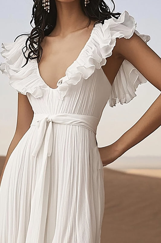 Ivory Ruffled Asymmetrical Boho Western Wedding Dress with Sash