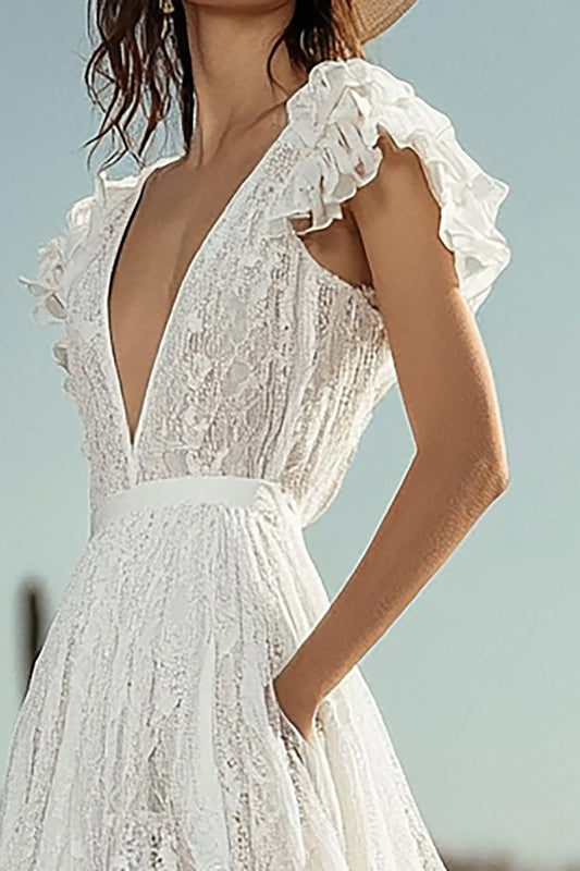 Ivory Lace Ruffled Boho High-Low Western Wedding Dress with Pockets