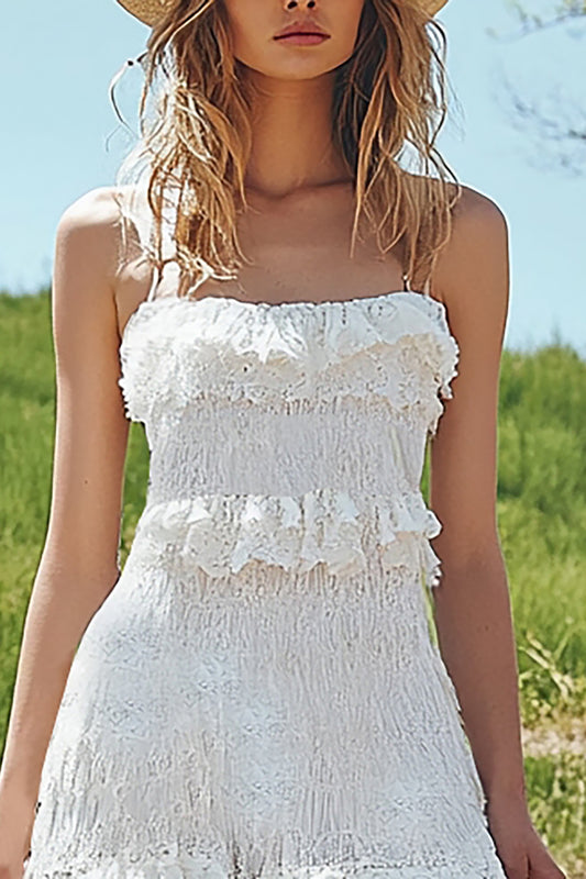 Boho Ivory Lace High-Low Western Wedding Dress with Ruffles