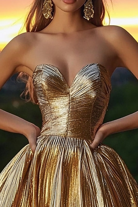 Sparkly Gold Sweetheart Metallic Short Cocktail Dress with Pleats