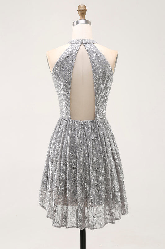 Sparkly Silver Sequin Halter Keyhole Short Cocktail Dress with Keyhole