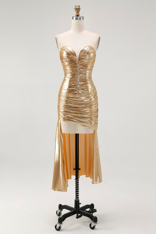 Gold Sweetheart Metallic Ruched High-Low Homecoming Dress