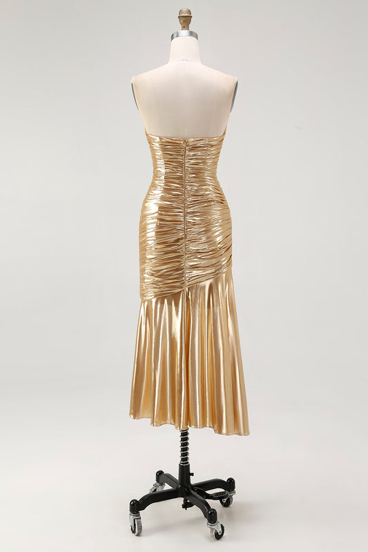 Gold Sweetheart Metallic Ruched High-Low Homecoming Dress