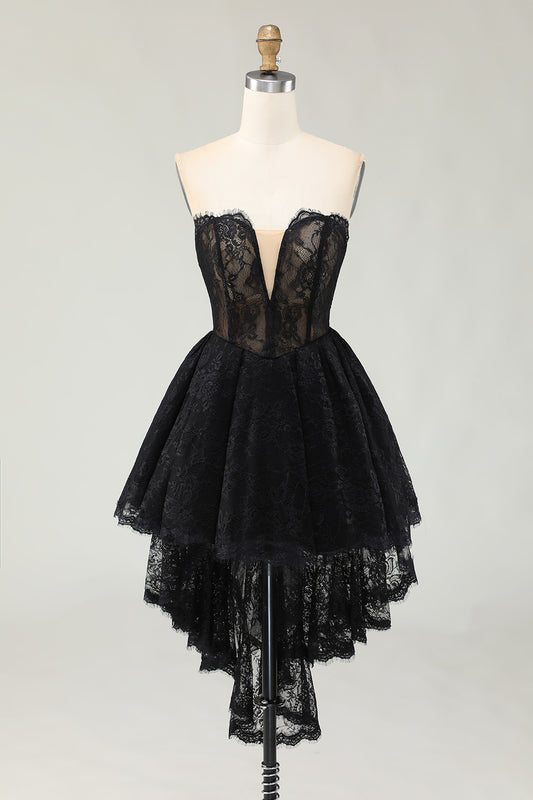 Black Lace A Line Sweetheart High-Low Homecoming Dress with Ruffles