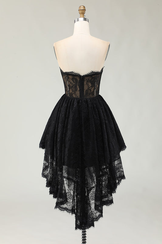 Black Lace A Line Sweetheart High-Low Homecoming Dress with Ruffles