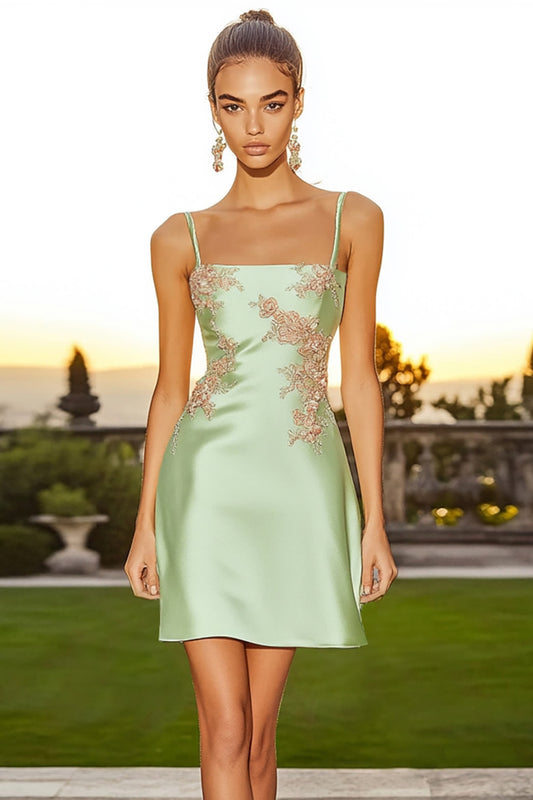 Sage Green Floral Spaghetti Straps Short Cocktail Dress