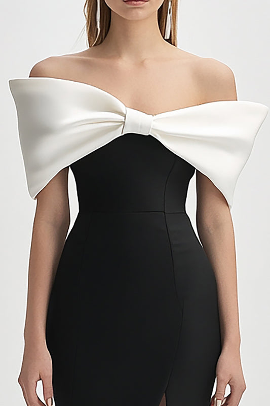 Black and White Strapless Bodycon Short Cocktail Dress with Bow