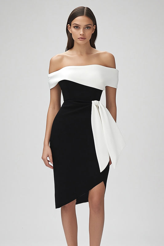 Black and White Patchwork Off the Shoulder Short Cocktail Dress with Ruffles