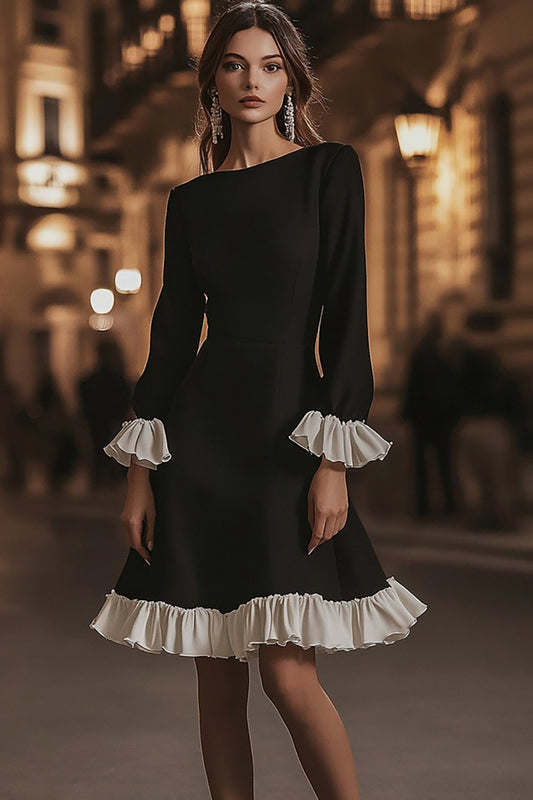 Black and White Ruffled A Line Short Cocktail Dress with Sleeves