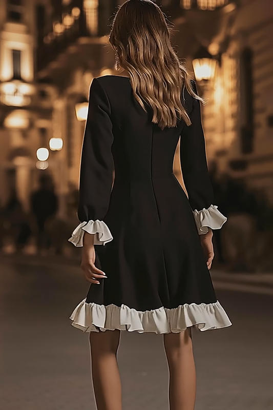Black and White Ruffled A Line Short Cocktail Dress with Sleeves