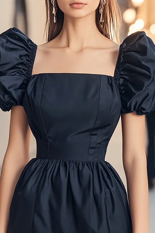 Navy Puff Sleeves Square Neck Short Cocktail Dress