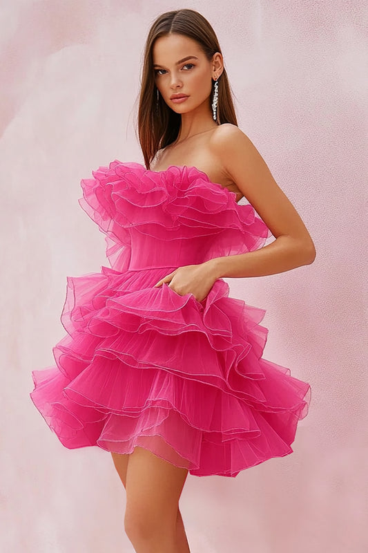 Fuchsia Strapless Tulle Tiered Short Homecoming Dress with Ruffles