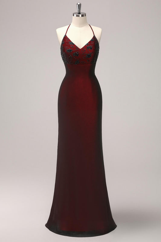 Black Red Sheath V-Neck Long Formal Dress with Beading