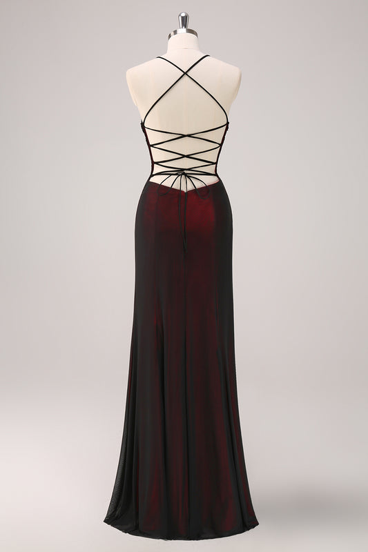Black Red Sheath V-Neck Long Formal Dress with Beading