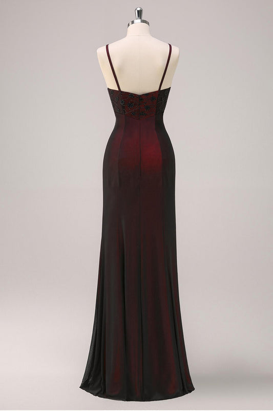 Black Red Sheath Spaghetti Straps Long Formal Dress with Beading