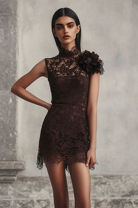 Coffee High Neck Lace Short Tight Homecoming Dress with 3D Flower