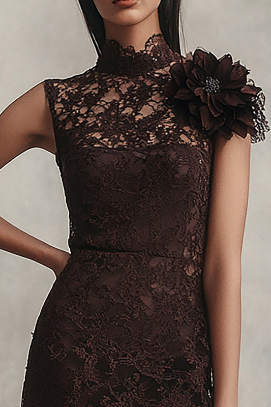 Coffee High Neck Lace Short Tight Homecoming Dress with 3D Flower