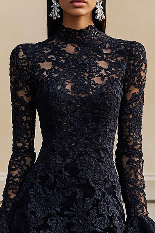 Black Lace High Neck Short Homecoming Dress with Sleeves