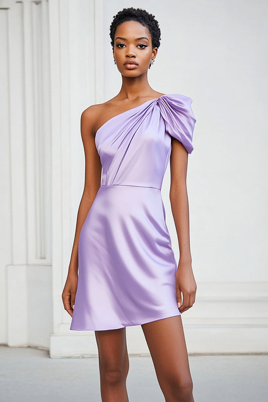 Lilac Ruched Satin One Shoulder Short Homecoming Dress