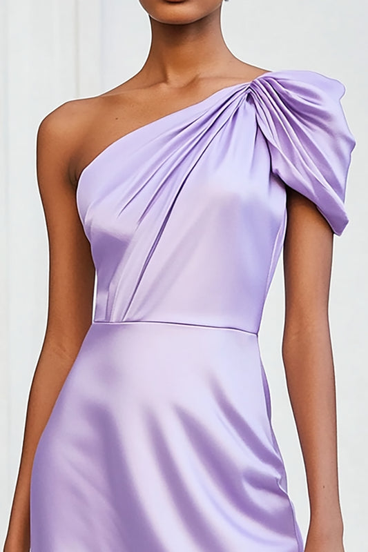 Lilac Ruched Satin One Shoulder Short Homecoming Dress