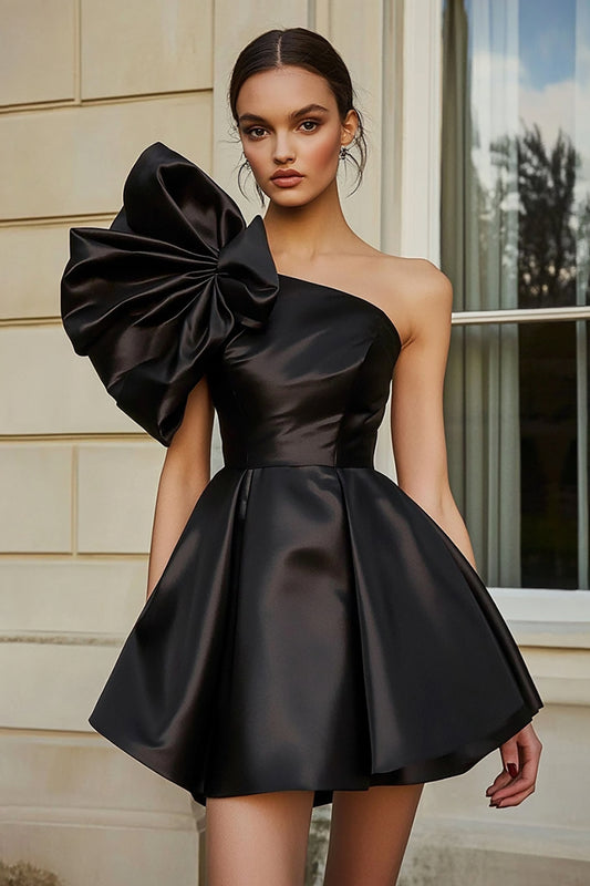 Black Satin A Line Short Homecoming Dress with Ruffles