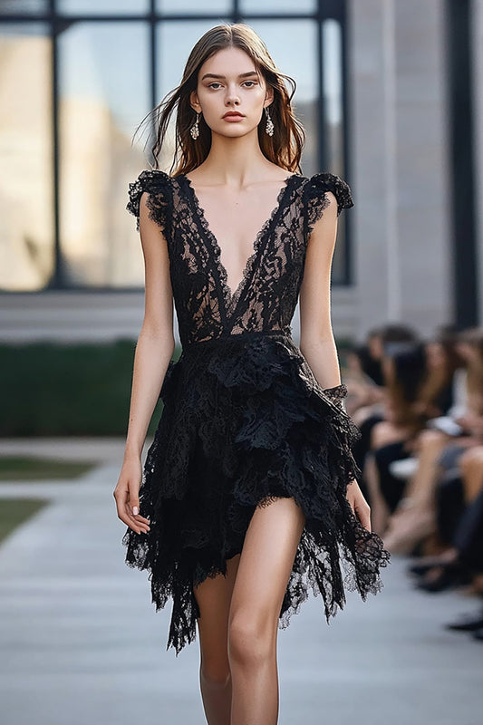 Black Deep V-Neck Lace Short Homecoming Dress with Ruffles
