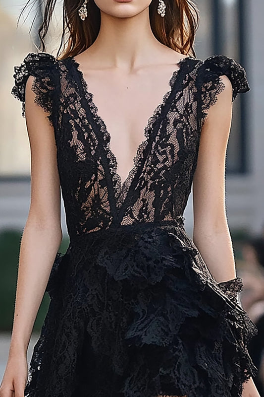 Black Deep V-Neck Lace Short Homecoming Dress with Ruffles