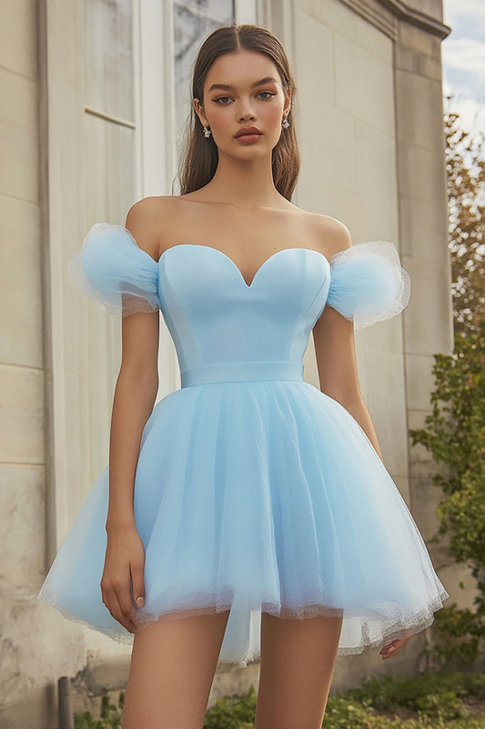 Sky Blue Off the Shoulder Tulle Short Homecoming Dress