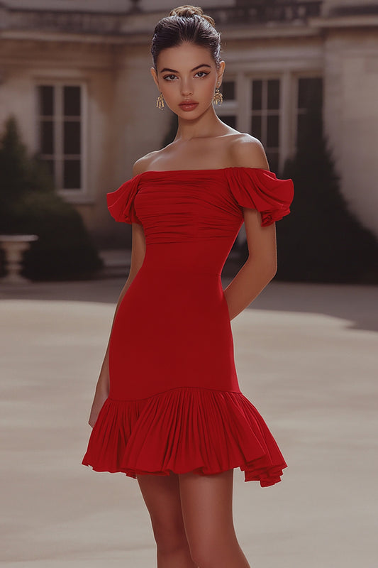 Red Off the Shoulder Tight Short Ruched Homecoming Dress