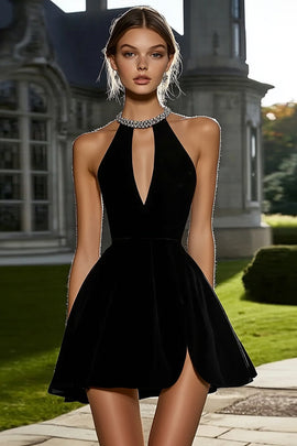 Sparkly Black A Line Satin Keyhole Short Cocktail Dress with Beading