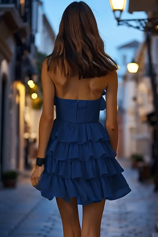 Navy High Neck A Line Short Homecoming Dress with Ruffles