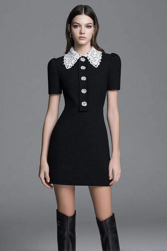 Black Tweed Tight Short Sleeves Homecoming Outfits with Buttons