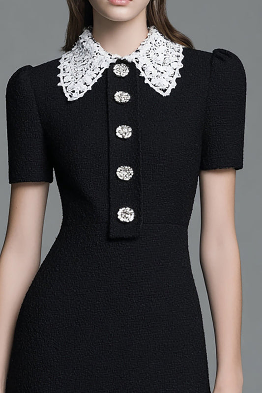 Black Tweed Tight Short Sleeves Homecoming Outfits with Buttons