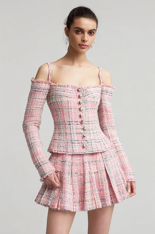 Pink 2 Piece Tweed Plaid Cold Shoulder Blazer Short Homecoming Outfits