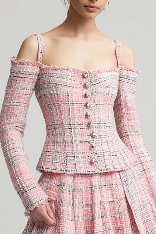 Pink 2 Piece Tweed Plaid Cold Shoulder Blazer Short Homecoming Outfits