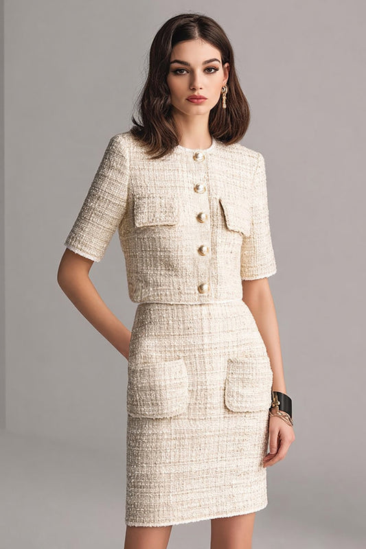 Ivory Tweed 2 Piece Pencil Blazer Short Homecoming Outfits with Pockets