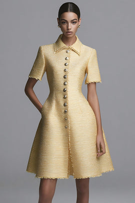 Yellow Tweed A Line Short Sleeves Pockets Homecoming Outfits with Buttons