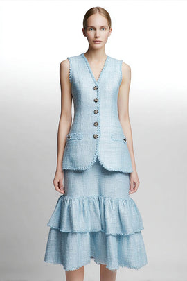2 Piece Sky Blue Tweed Blazer Tiered Midi Homecoming Outfits with Ruffles
