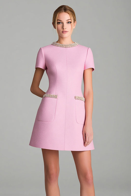 Pink Tweed Tight Short Sleeves Homecoming Outfits with Pearls