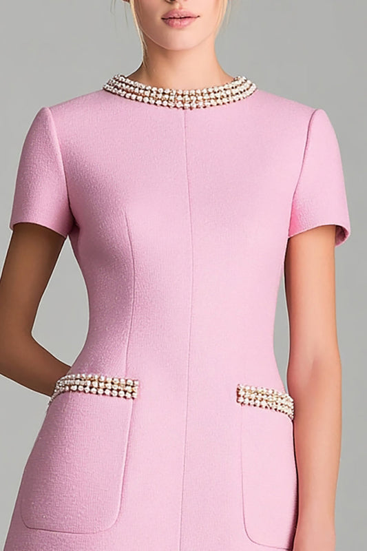 Pink Tweed Tight Short Sleeves Homecoming Outfits with Pearls