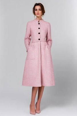 Pink Tweed Pockets Plaid Midi Pageant Interview Outfits with Long Sleeves