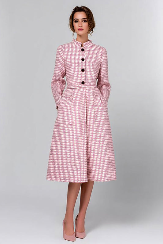 Pink Tweed Pockets Plaid Midi Pageant Interview Outfits with Long Sleeves