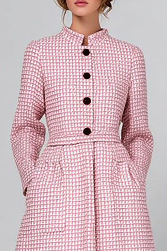 Pink Tweed Pockets Plaid Midi Pageant Interview Outfits with Long Sleeves