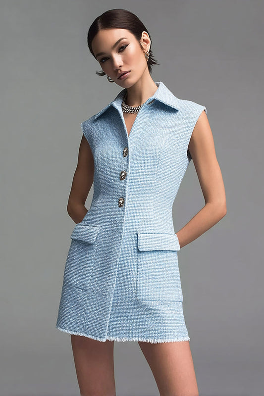 Sky Blue Tweed Tight Collar Neck Short Homecoming Outfits with Buttons
