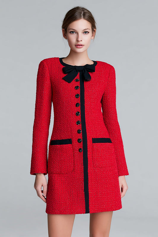 Red Tweed Pencil Long Sleeves Short Buttons Homecoming Outfits with Bow