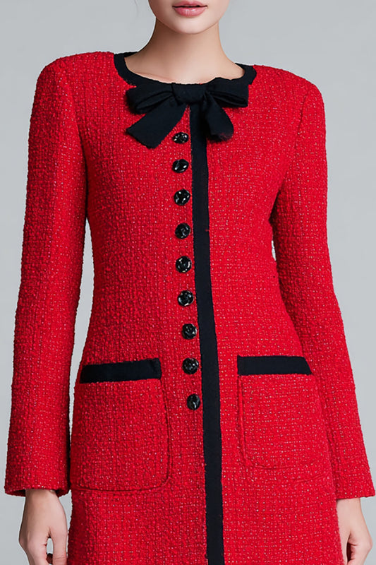 Red Tweed Pencil Long Sleeves Short Buttons Homecoming Outfits with Bow