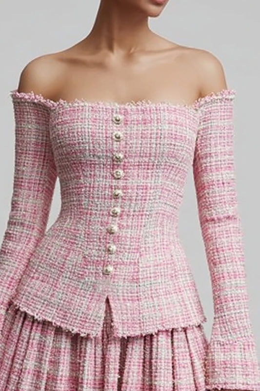2 Piece Pink Off the Shoulder Tweed Blazer Short Homecoming Outfits